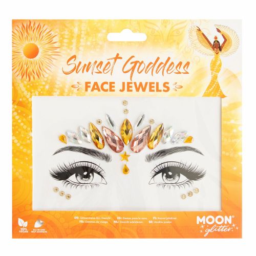 Packaging of 'Sunset Goddess' face jewels with decorative elements and branding.