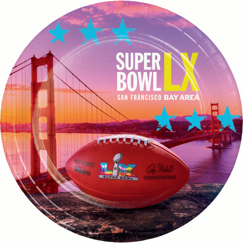 Super Bowl LX logo with a football and Golden Gate Bridge in the background