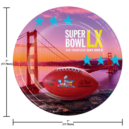 Super Bowl LX commemorative plate with a football and Golden Gate Bridge design, featuring dimensions.