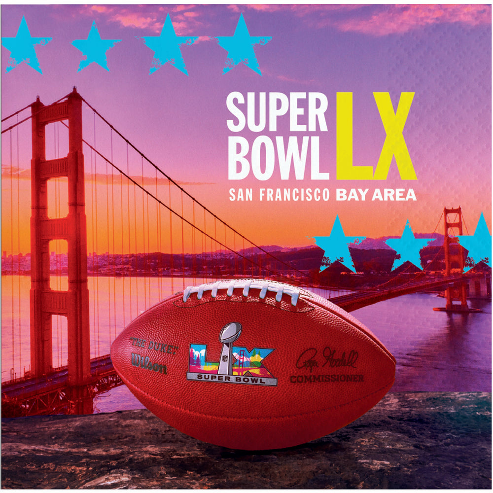 Super Bowl LX football with Golden Gate Bridge and colorful stars in the background