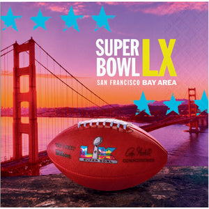 Super Bowl LX football with Golden Gate Bridge and colorful stars in the background