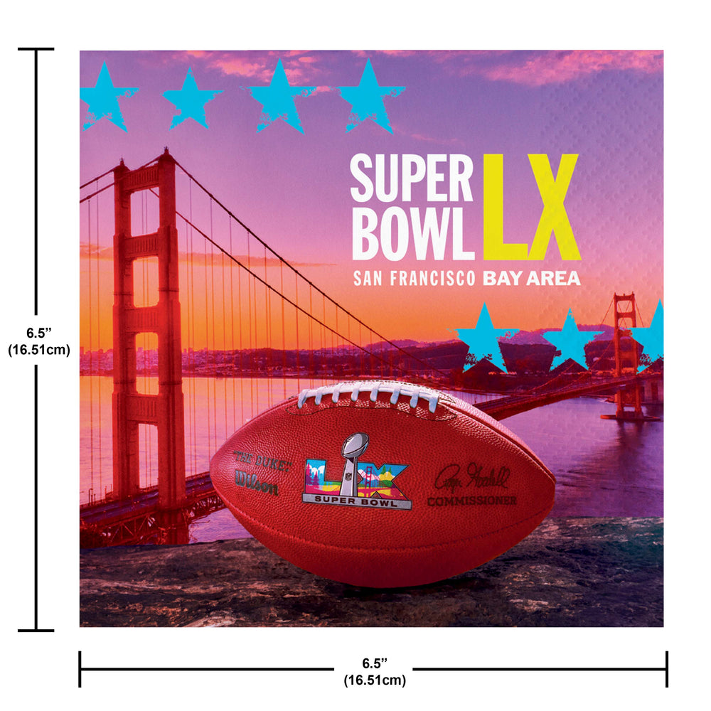 Super Bowl LX promotional graphic with football and Golden Gate Bridge in the background