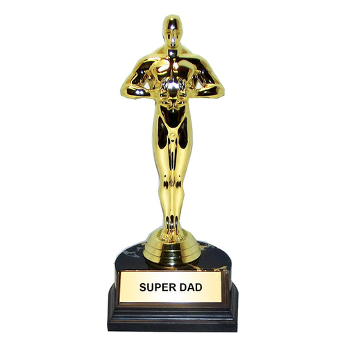 Gold trophy with 'Super Dad' on a black base against a white background