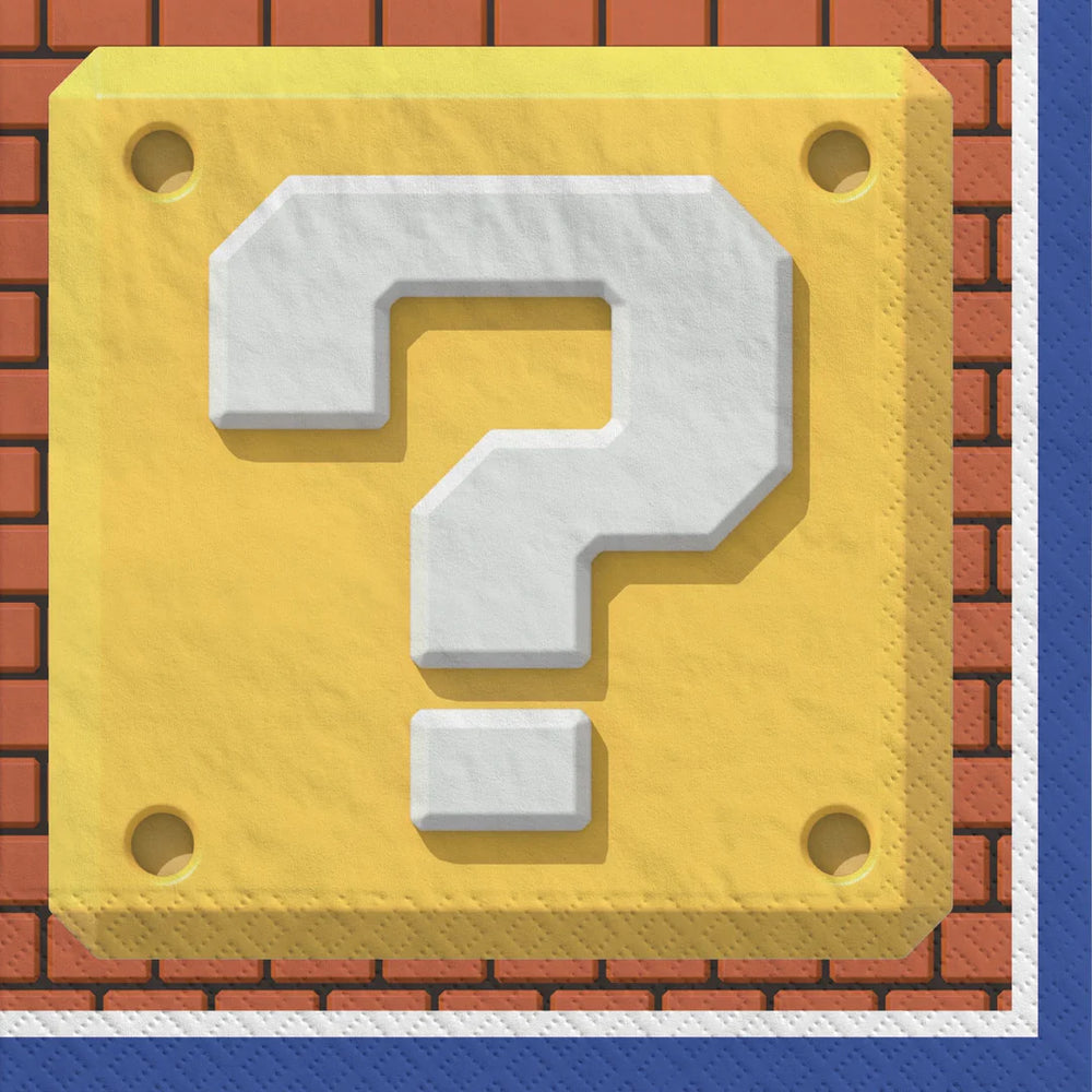 Yellow block with a white question mark on a brick wall background