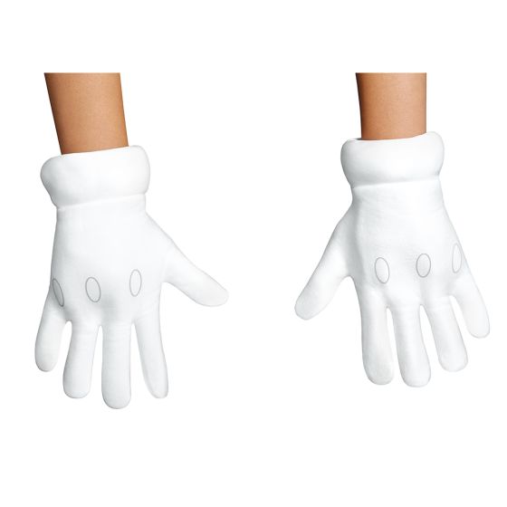 A pair of white Mickey Mouse-style gloves worn on hands, shown against a plain white background.
