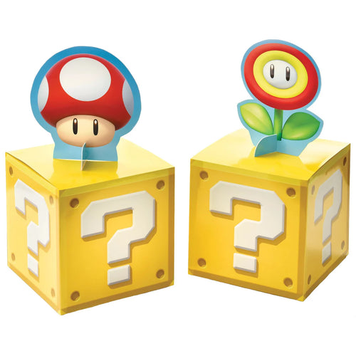 Two decorative items resembling question block characters from a video game on a white background