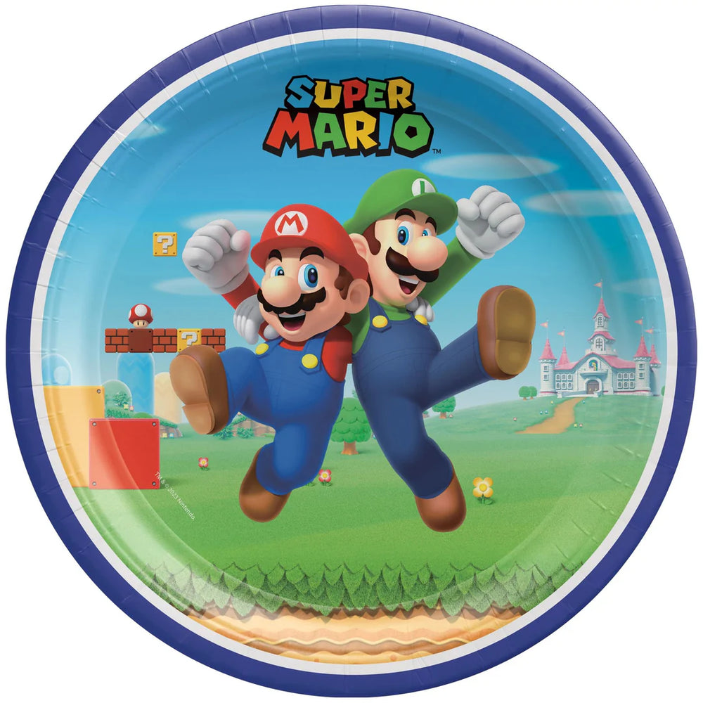 Super Mario-themed paper plate with characters and colorful design