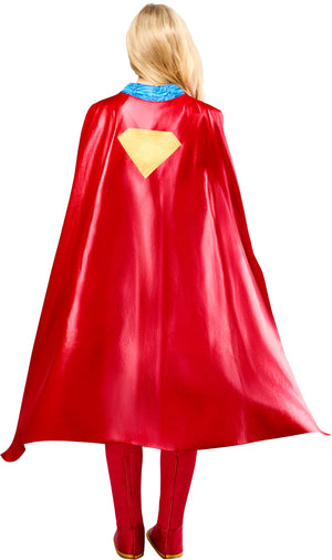 Person wearing a red superhero cape with a yellow emblem on a white background