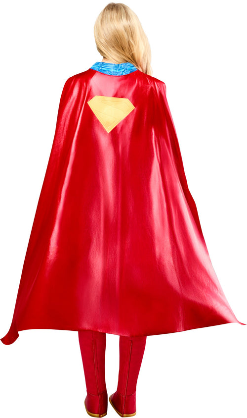 Person wearing a red superhero cape with a yellow emblem on a white background