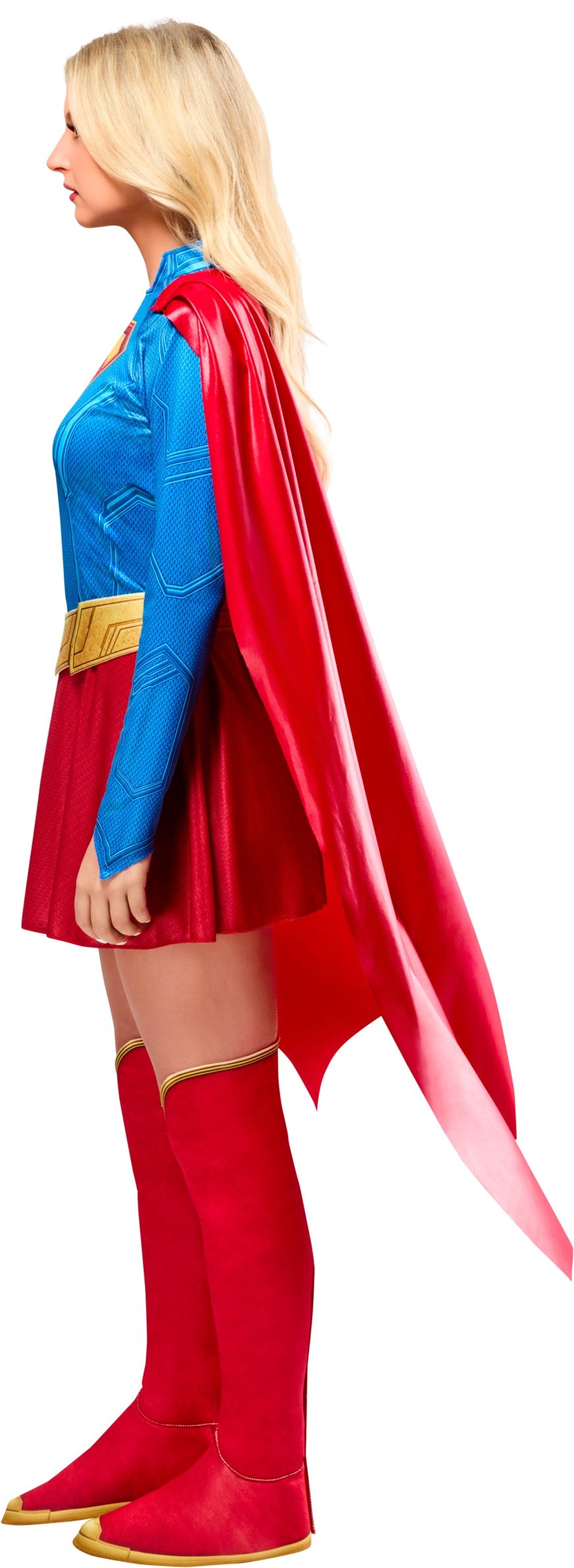 Person wearing a Superman costume with a red cape and boots on a white background