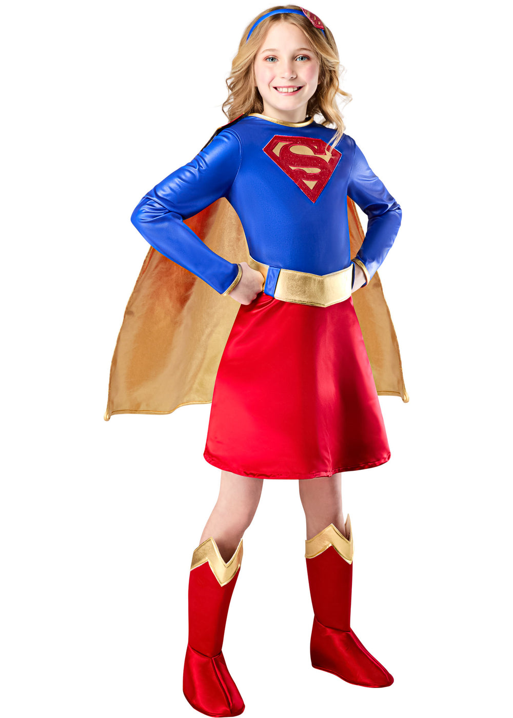 Child wearing a Supergirl costume with a blue shirt, red skirt, and gold cape on a white background.