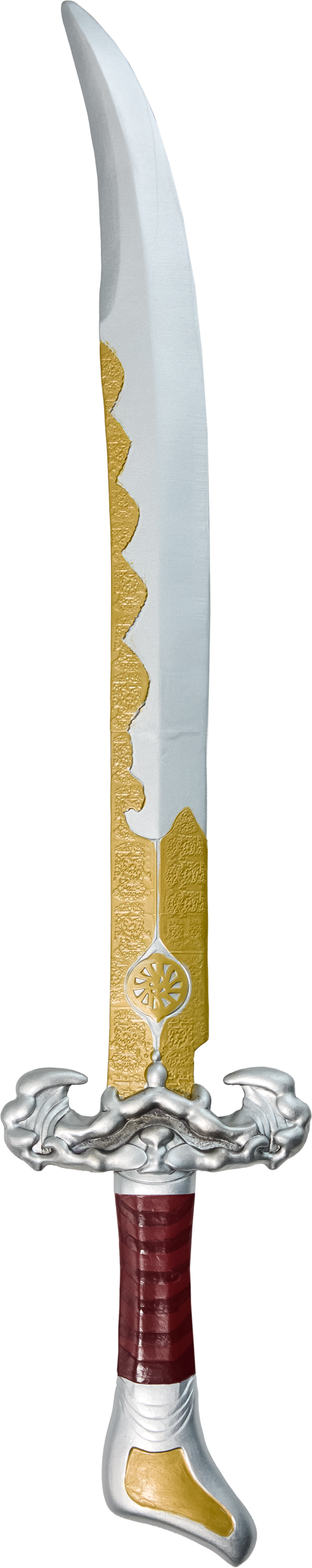 Decorative sword with gold and red details on a white background