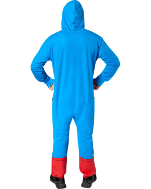 Blue onesie with red pants worn by a person on a white background