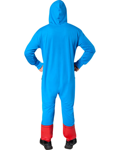 Blue onesie with red pants worn by a person on a white background