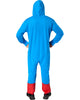 Blue onesie with red pants worn by a person on a white background