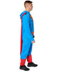 Person wearing a blue superhero costume with a red cape on a white background
