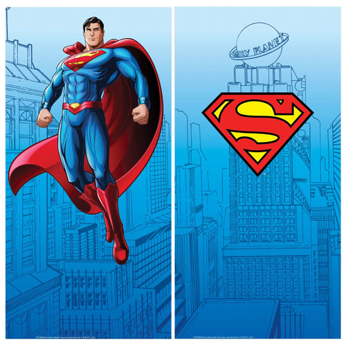 Superman flying over a cityscape with the Superman logo above.