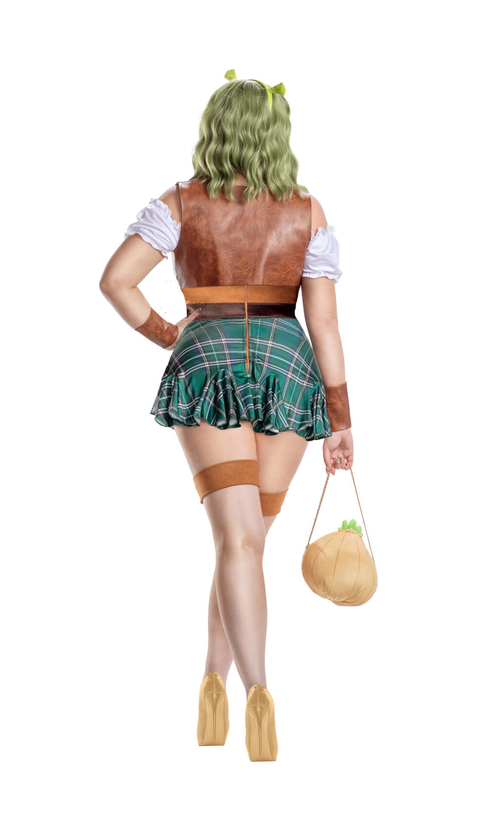 Person wearing a costume with a plaid skirt, leather vest, and green hair on a white background