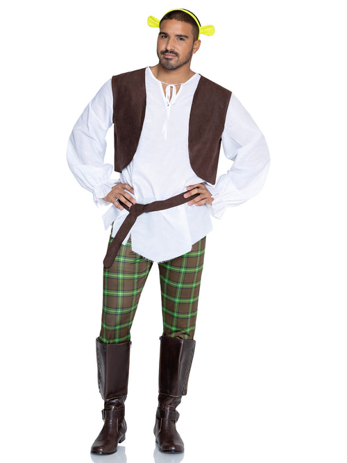 A man modeling a Shrek costume consisting of a white tunic shirt, brown vest, green and brown plaid pants, brown knee-high boots, and a yellow Shrek hat, on a white background.