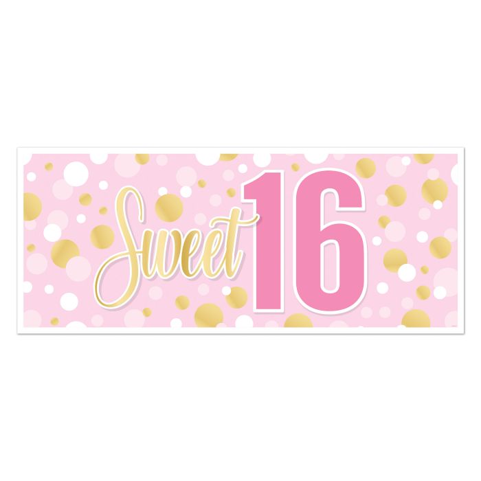 Decorative banner with 'Sweet 16' text on a pink background with gold polka dots