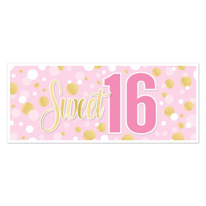Decorative banner with 'Sweet 16' text on a pink background with gold polka dots