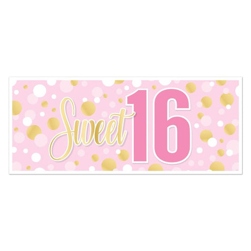 Decorative banner with 'Sweet 16' text on a pink background with gold polka dots