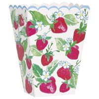 Decorative paper cup with strawberry pattern on a white background