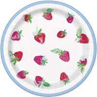 Round plate with strawberry pattern on a white background