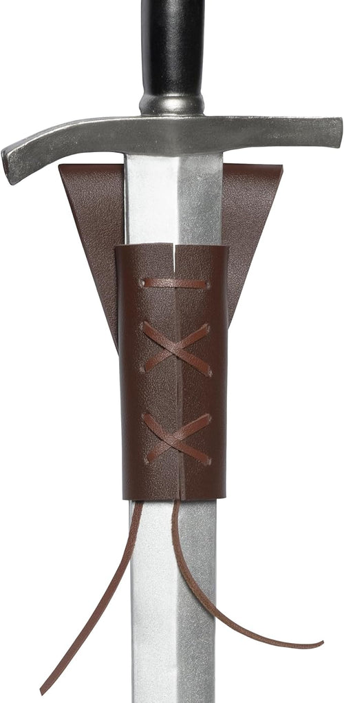 Sword with a brown leather sheath on a white background