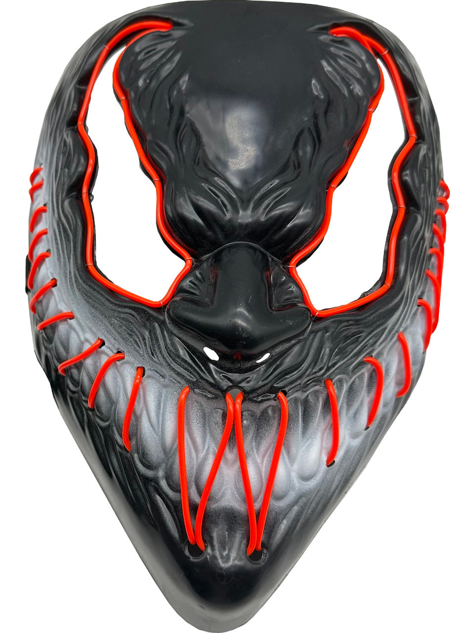 Black and gray mask with red accents on a white background