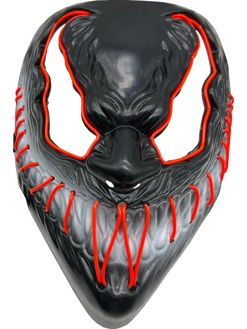Black and gray mask with red accents on a white background