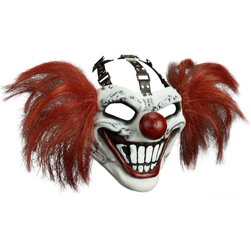Scary clown mask with red hair and a red nose on a white background