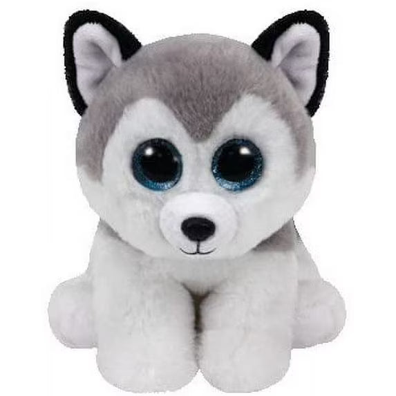 Plush toy husky with large eyes on a white background
