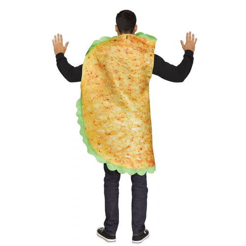 A man viewed from behind wearing a taco costume cape with a printed tortilla and lettuce design, standing against a plain white background.