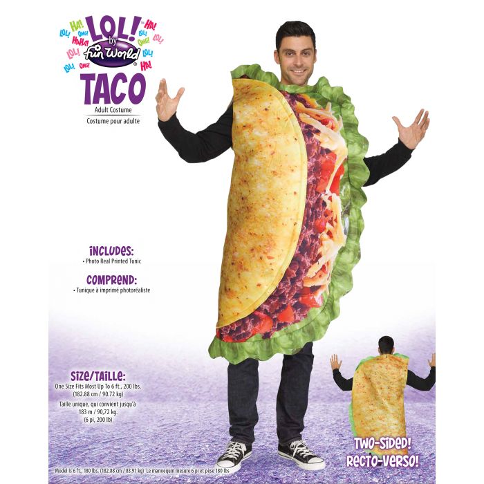 A man modeling a two-sided taco costume with a large printed taco design over a black shirt, shown on a white-to-purple background with product text and a smaller back-view inset.