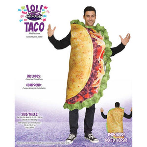 A man modeling a two-sided taco costume with a large printed taco design over a black shirt, shown on a white-to-purple background with product text and a smaller back-view inset.
