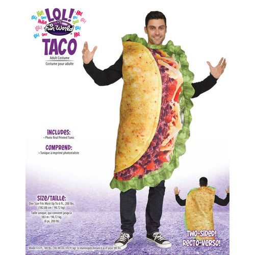 A man modeling a two-sided taco costume with a large printed taco design over a black shirt, shown on a white-to-purple background with product text and a smaller back-view inset.