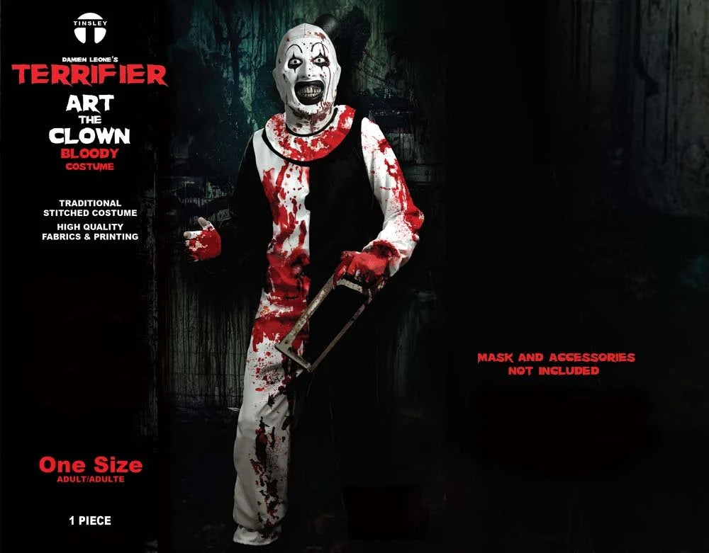 Horror-themed clown costume with red and white makeup on a dark background