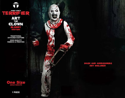 Horror-themed clown costume with red and white makeup on a dark background