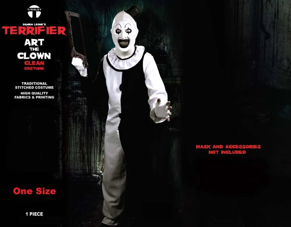 Person wearing a clown costume with text about the product on a dark background