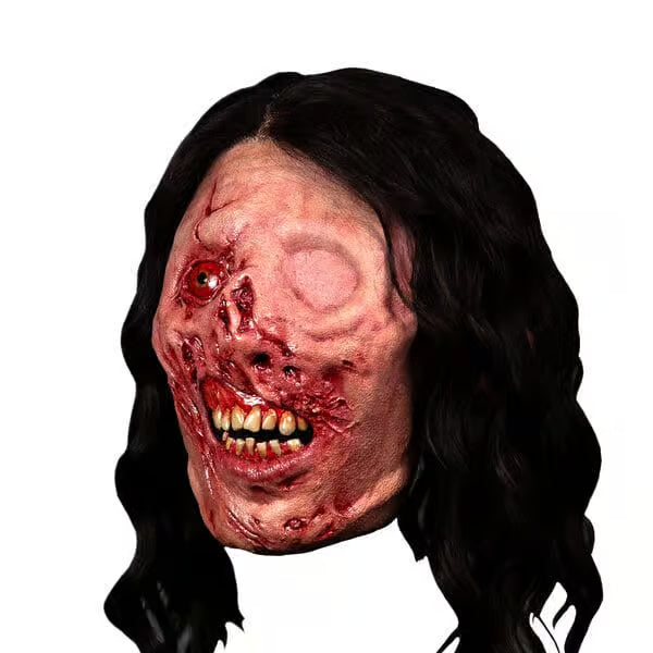 Scary mask with long dark hair on a white background