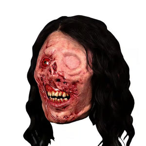 Scary mask with long dark hair on a white background