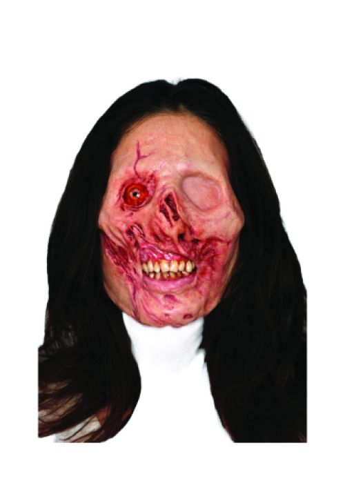 Scary mask with red eyes and black hair on a white background