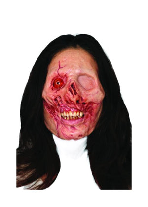 Scary mask with red eyes and black hair on a white background
