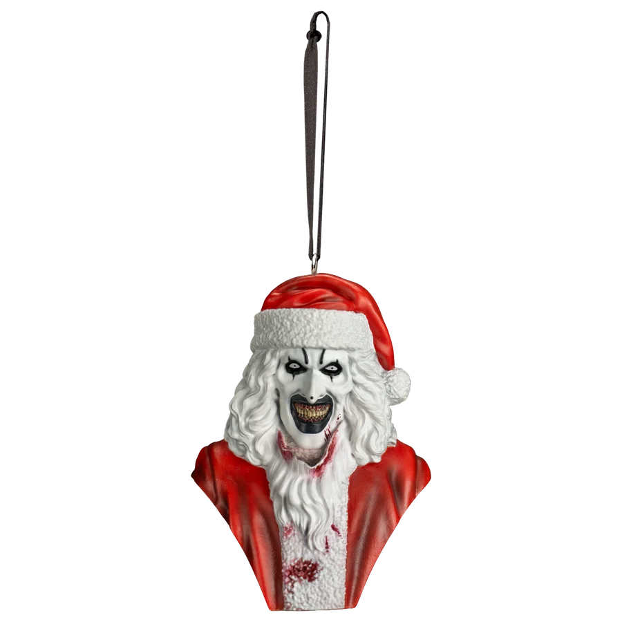A horror-themed Santa Claus bust ornament featuring a creepy clown face with long white hair, a blood-stained white shirt, and a red Santa hat, complete with a black hanging loop.