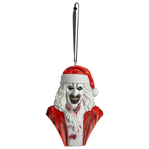 A horror-themed Santa Claus bust ornament featuring a creepy clown face with long white hair, a blood-stained white shirt, and a red Santa hat, complete with a black hanging loop.