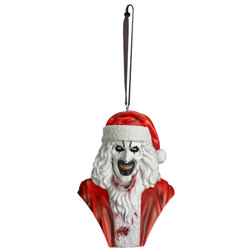 A horror-themed Santa Claus bust ornament featuring a creepy clown face with long white hair, a blood-stained white shirt, and a red Santa hat, complete with a black hanging loop.
