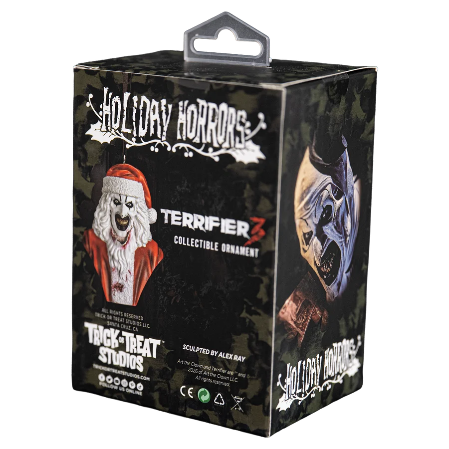 Terrifier 3 Holiday Horrors collectible ornament packaging box by Trick or Treat Studios, featuring a black camouflage design with Santa and a mask illustration.