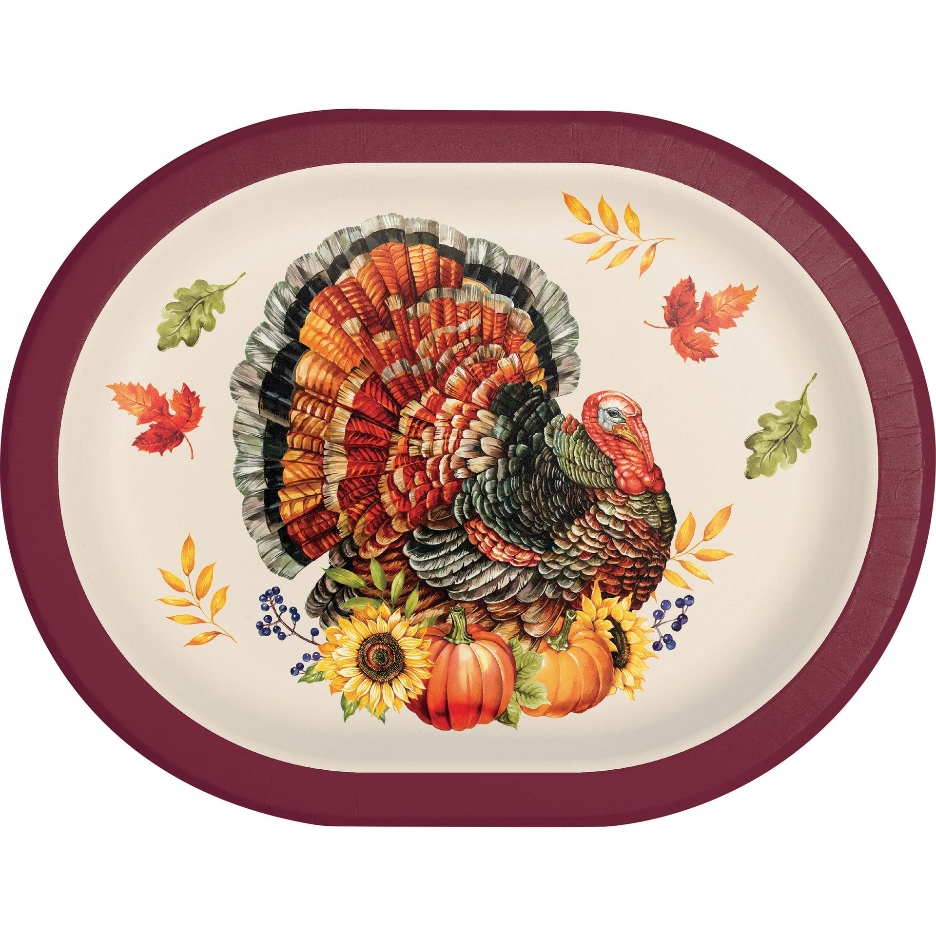 An oval Thanksgiving serving platter with a deep burgundy rim, featuring a detailed illustration of a turkey surrounded by autumn leaves, sunflowers, and pumpkins on a cream background.