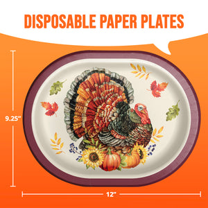 An oval disposable paper plate with a turkey and autumn harvest illustration, shown on an orange background with measurement lines indicating 12 inches by 9.25 inches.